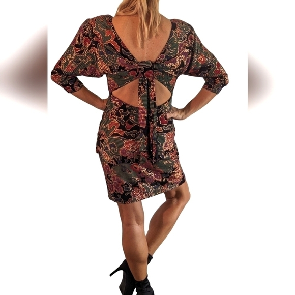 Vintage Janine London Stretchy Metallic Floral Open Back Bodycon Mini Dress Sz S - Picture 5 of 12